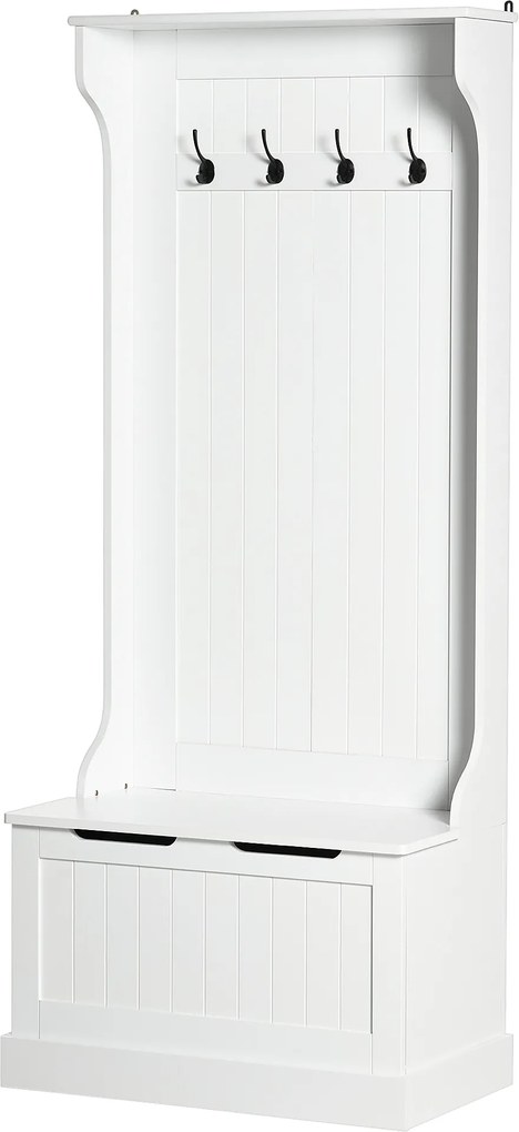 Móvel de entrada 4 em 1, com banco com espaço de arrumação e 4 ganchos duplos, 71,5 x 39,5 x 170 cm, branco