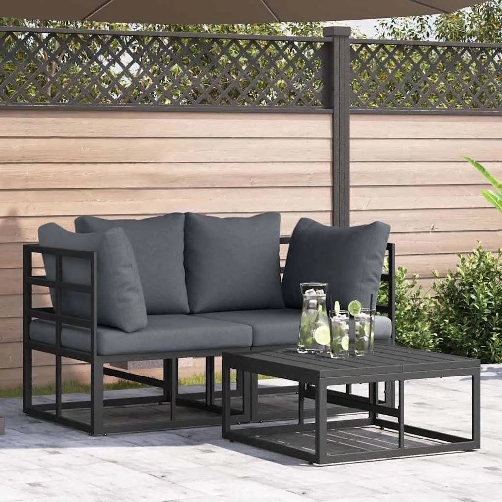 vidaXL Conjunto de Sofá de Jardim 3 pcs Preto 70 x 70 x 32 cm Alumínio