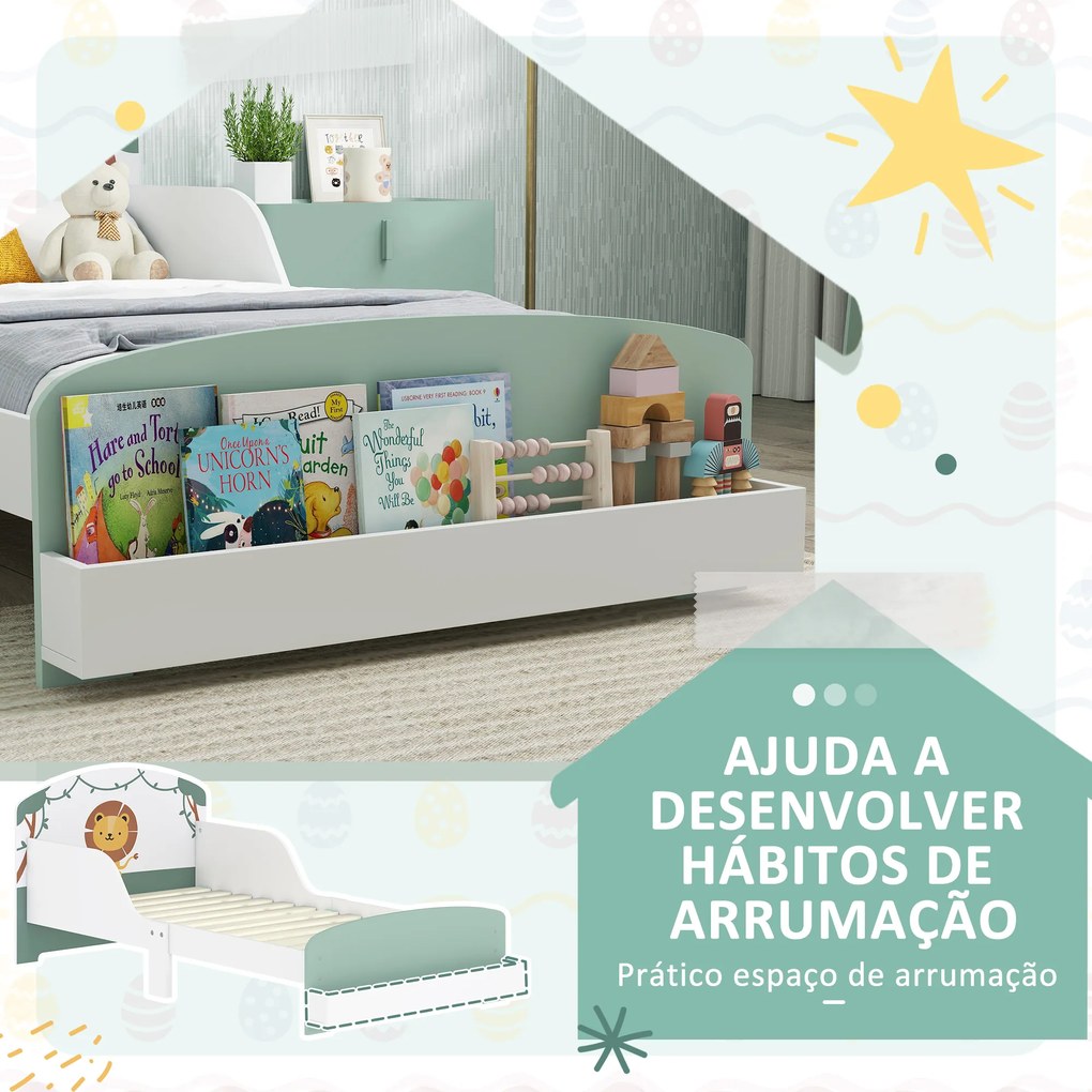 Cama Infantil para Crianças +3 Anos 70x140 cm em Madeira (Colchão não incluído) com Armazenamento e Desenho de Leão para Quarto Verde