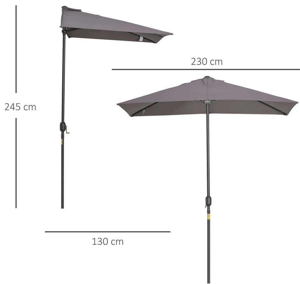Outsunny Meia Chapéu de sol 230x130x245 cm Chapéu de sol para Parede Jardim com Manivela e Vara Metálica Ø38 mm Terraço Varanda Cinzento