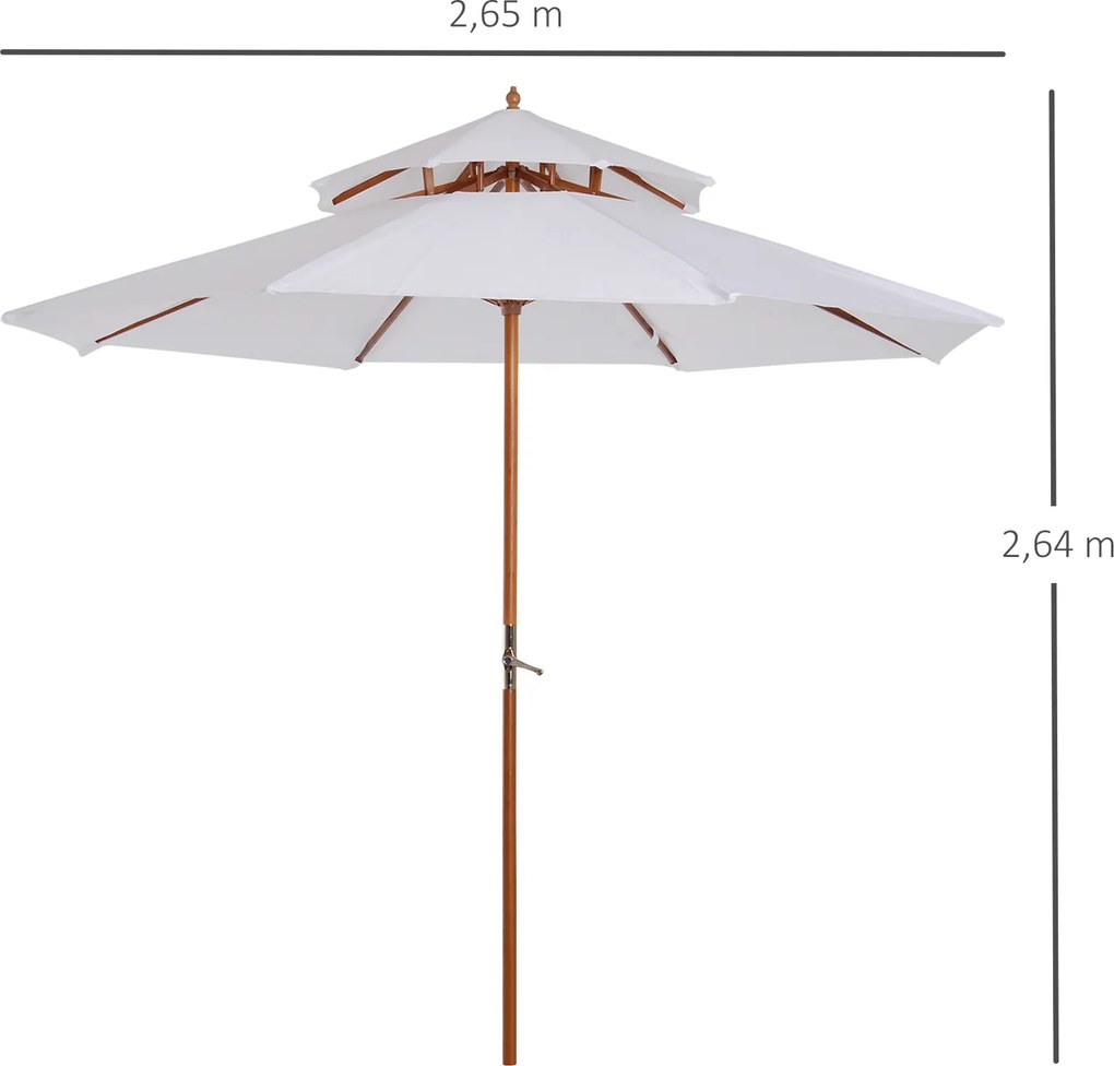 Guarda-sol de jardim redondo diâmetro 2,7 m x 2,6 m em madeira com 2 telas de poliéster de 180 g/m², de altura, branco
