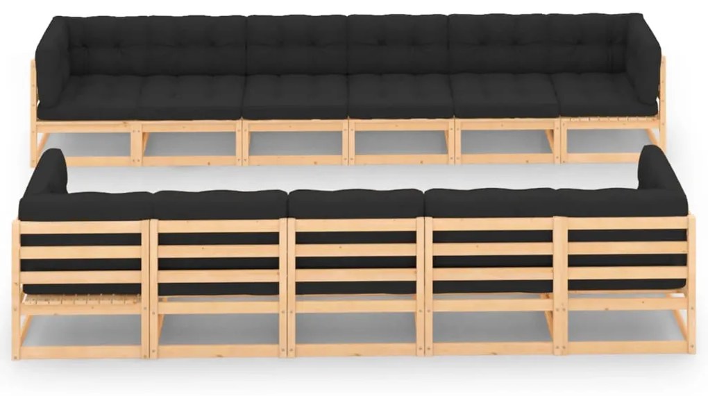 vidaXL 11 pcs conj. lounge jardim c/ almofadões antracite pinho maciço