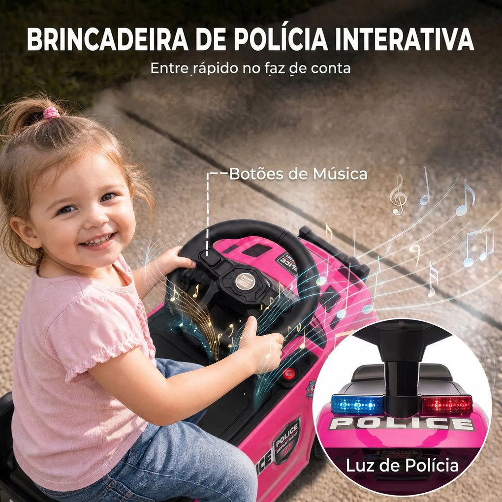 Carro Andador de Polícia para Crianças 18-36 Meses com Luz, Música e Arrumação, 65x29,5x36 cm, Rosa