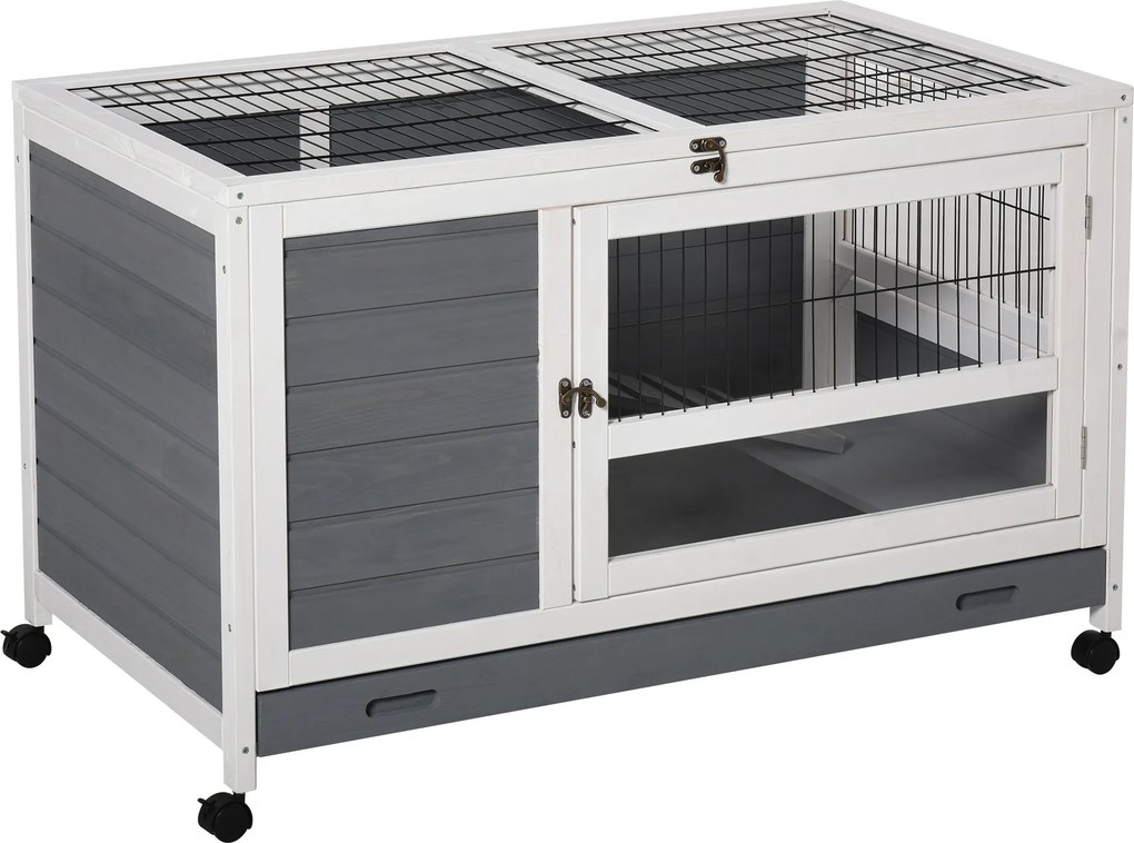 Coelheira de madeira para coelhos 102 C x 60 L x 63,5 A cm, modelo «villa», com tabuleiro deslizante, porta com fechadura e tampa que se abre, na cor