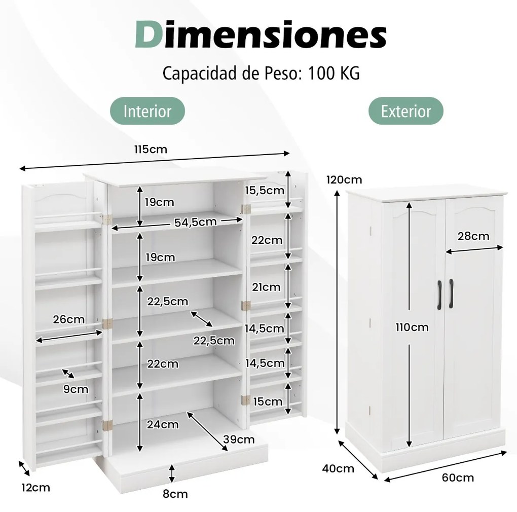 Armario Despensa com 2 portas e 16 moderno para sala de jantar 60 x 40 x 120 cm Branco