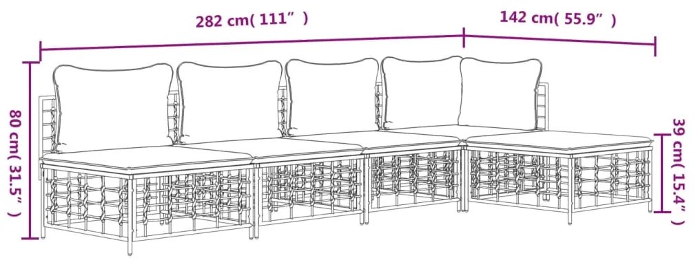 5 pcs conjunto lounge de jardim c/ almofadões vime PE antracite