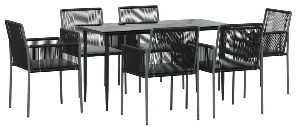 7 pcs conjunto jantar p/ jardim c/ almofadões vime PE/aço preto
