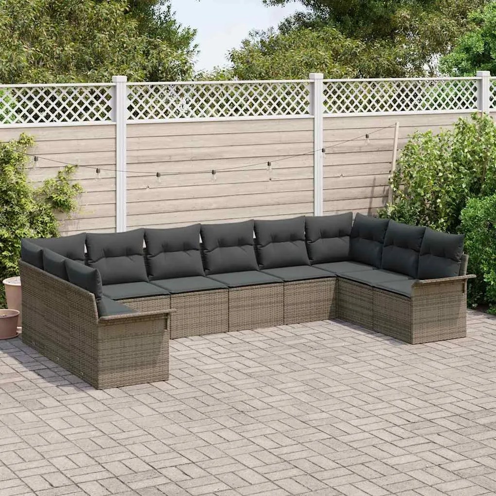 Conjunto de Sofá de Jardim de 10 Peças com Almofadas Cinzas de Rattan