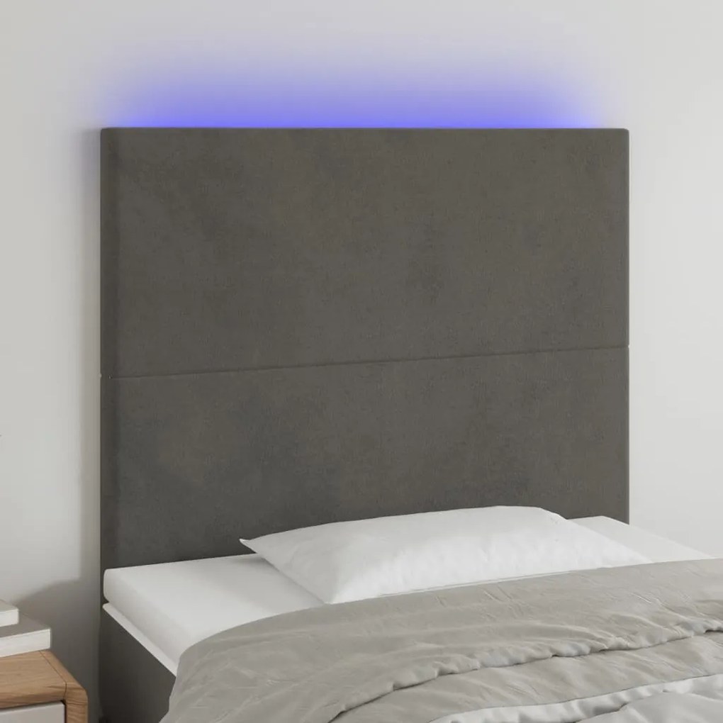 Cabeceira de cama c/ LED veludo 100x5x118/128 cm cinza-escuro