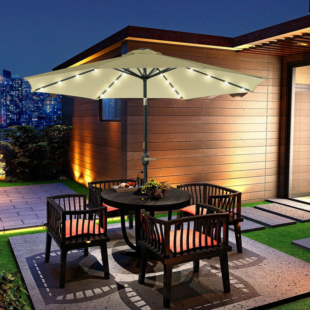 Outsunny Chapéu de Sol com 32 Luzes LED Solares Ø265x233cm Chapéu de Sol Inclinável com Manivela e Mastro de Aço para Terraço Pátio Exterior Bege