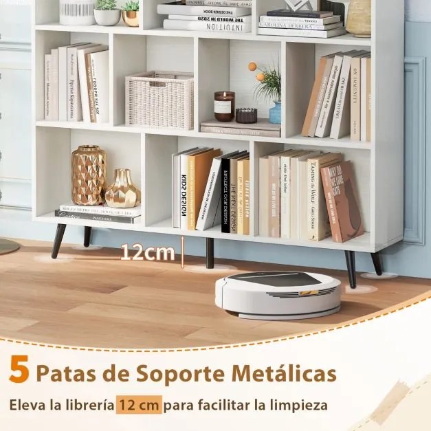 Estante de 3 níveis com 10 cubos, 4 pés de metal e dispositivo anti-capotamento para sala de estar ou escritório 120 x 24 x 107 cm branco