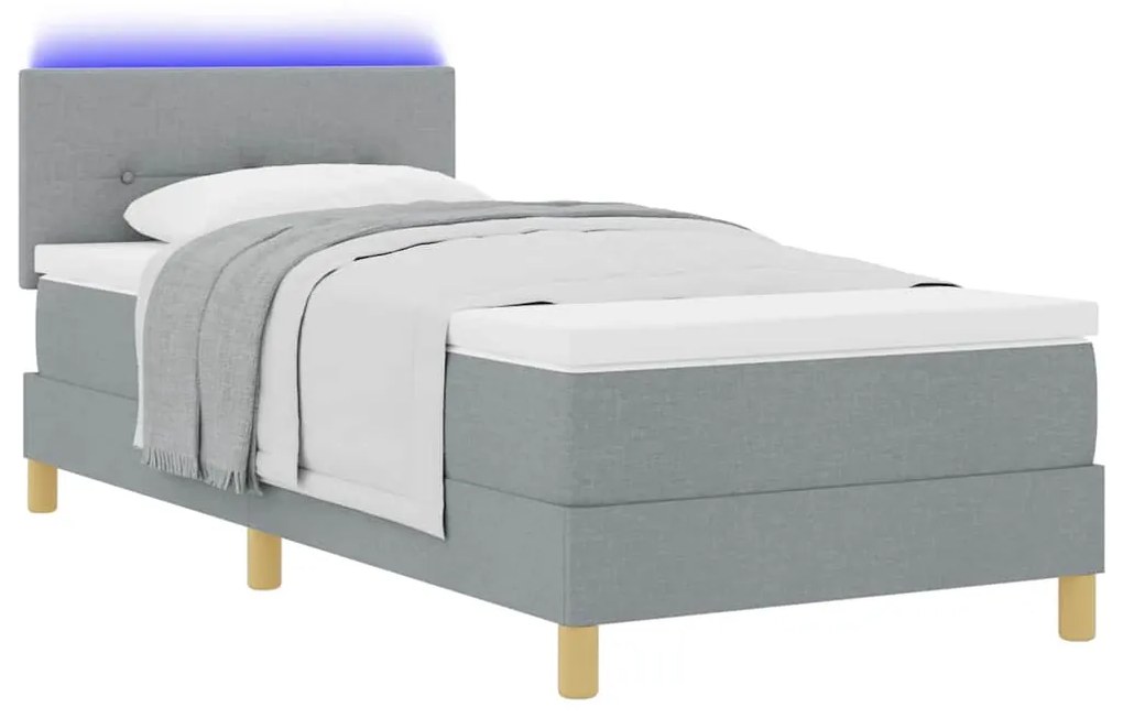 Cama Box Spring com Colchão &amp; LED Cinza Claro 100x200 cm Tecido