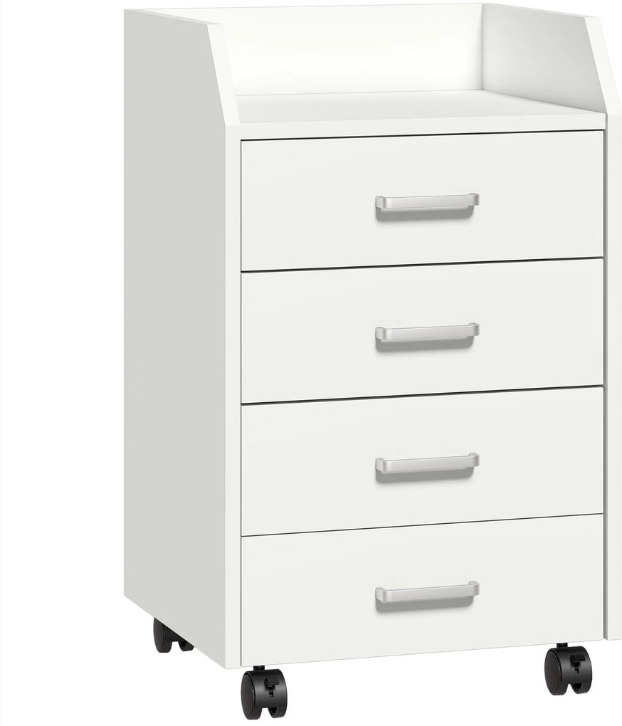 Vinsetto Bloco de Gavetas Móvel Auxiliar com 4 Gavetas Bancada Superior de Armazenamento 4 Rodas e 2 Freios 40x36x65cm Branco | Aosom Portugal