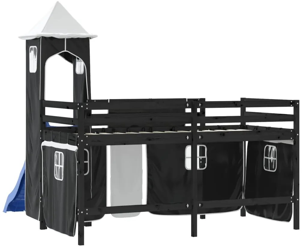 Cama alta criança c/ torre 80x200 cm pinho maciço branco/preto