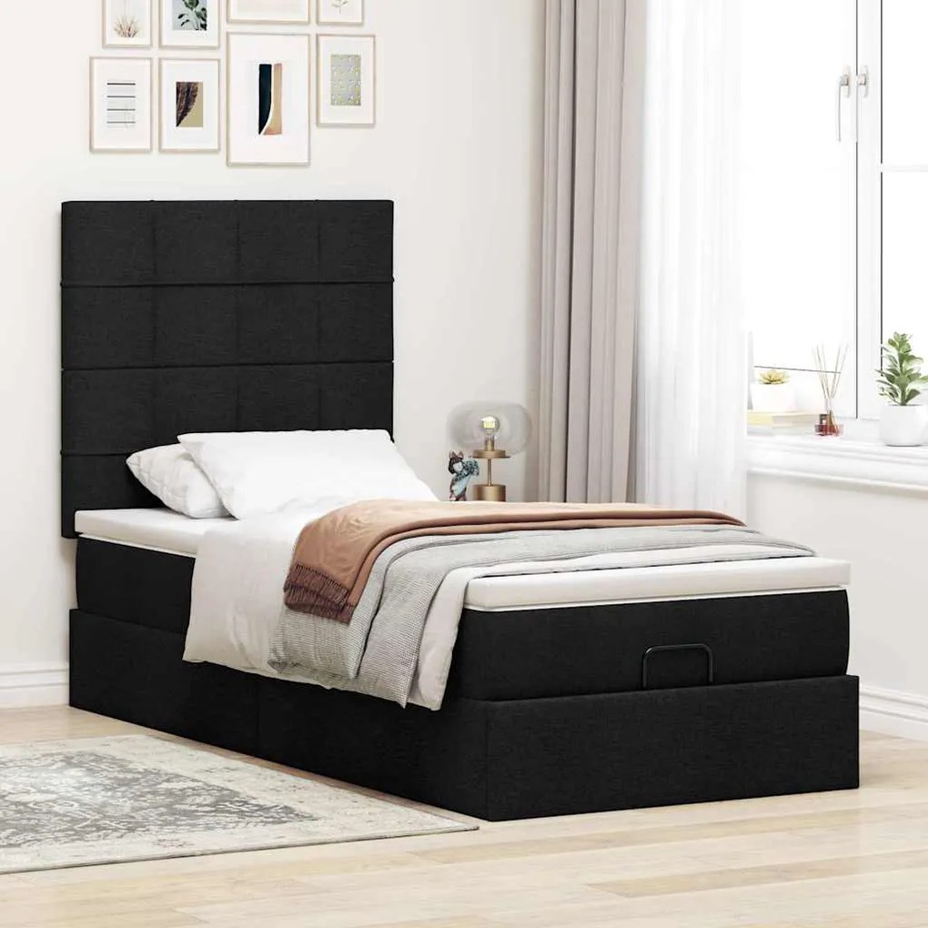 Cama otomana com colchão 100x200 cm tecido preto