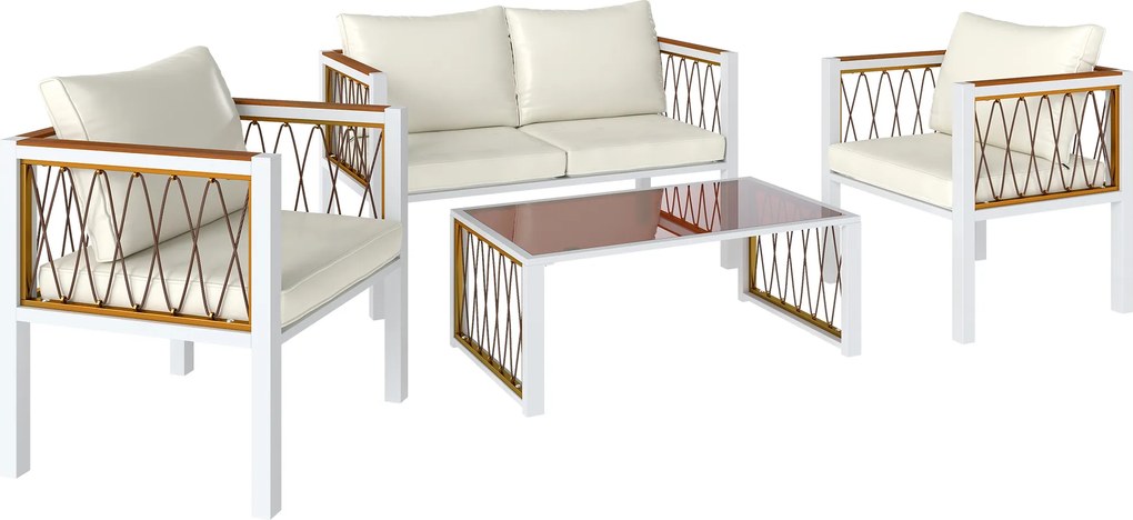 Outsunny Conjunto de Mobiliário de Jardim 4-teclas Polyrattan Lounge-Set com Sofá 2 Lugares 2 Poltronas Mesa de Vidro Capas Removíveis Almofadas Tapete Antiderrapante | Aosom Portugal