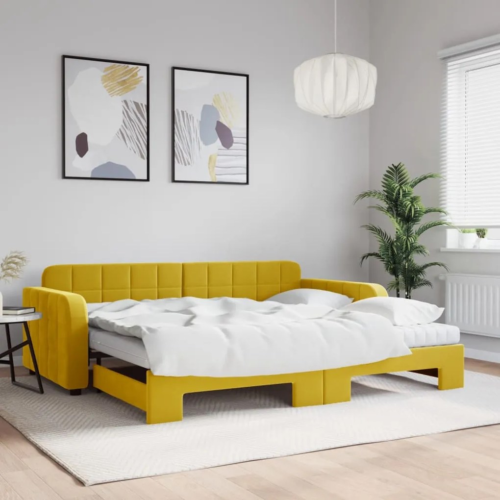 vidaXL Sofá-cama com gavetão e colchões 90x200 cm veludo amarelo