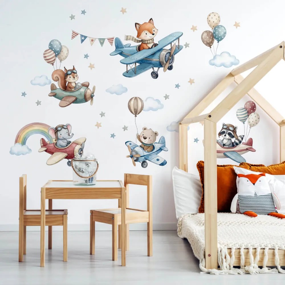 Autocolante de parede para colocar por cima da cama - Animais voadores e aviões