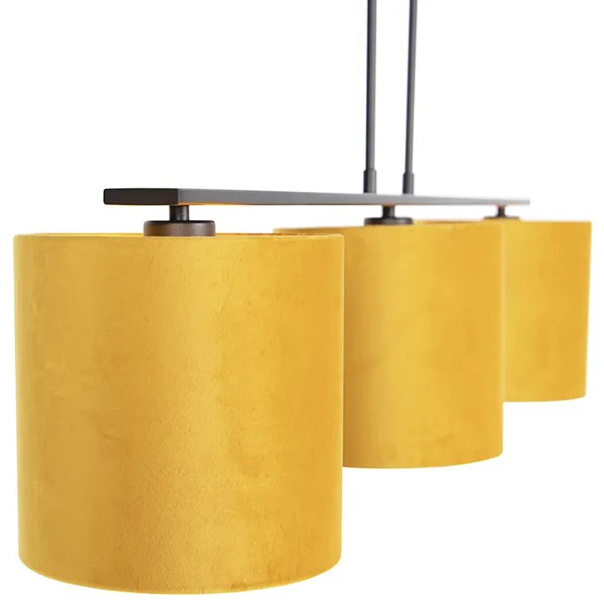 Candeeiro de suspensão com abajures de veludo amarelo com dourado 20cm - Combi 3 Deluxe Country / Rústico,Moderno