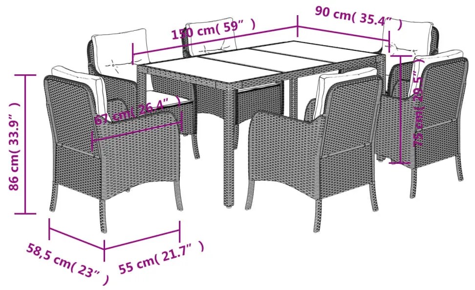 7 pcs conjunto de jantar p/ jardim c/ almofadões vime PE preto