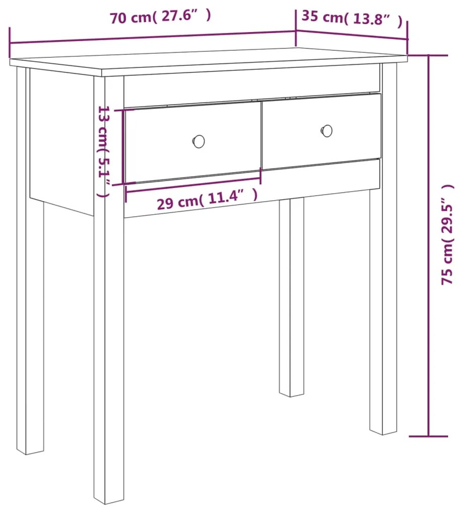 Mesa consola 70x35x75 cm madeira de pinho maciço