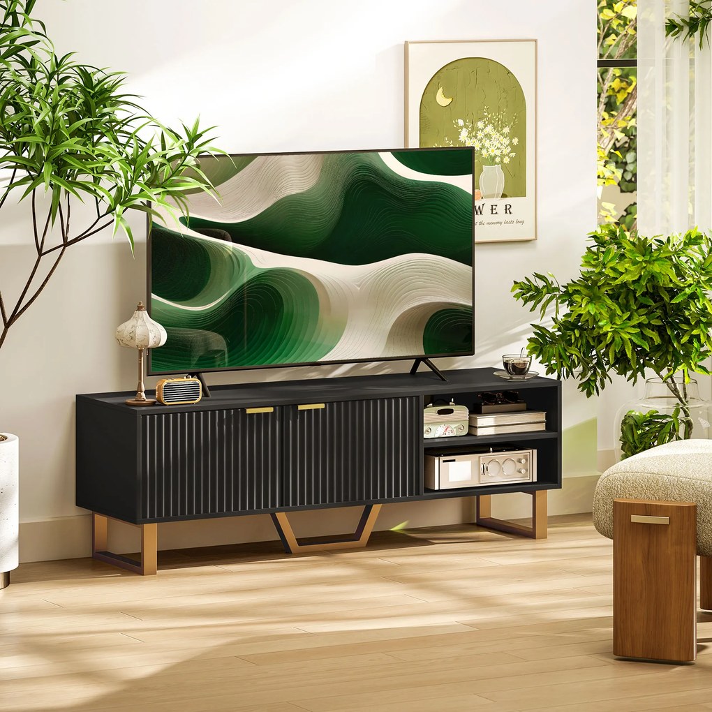 Móvel de TV 140 x 39 x 47 cm para televisores até 70 polegadas – armário com 2 portas caneladas, compartimento aberto preto