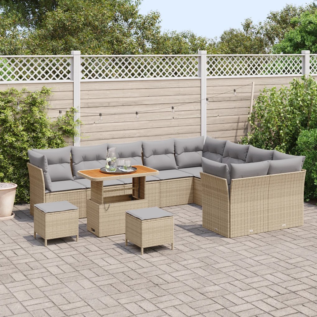Conjunto de Sofás de Jardim de 12 Peças com Almofadas Bege de Rattan P