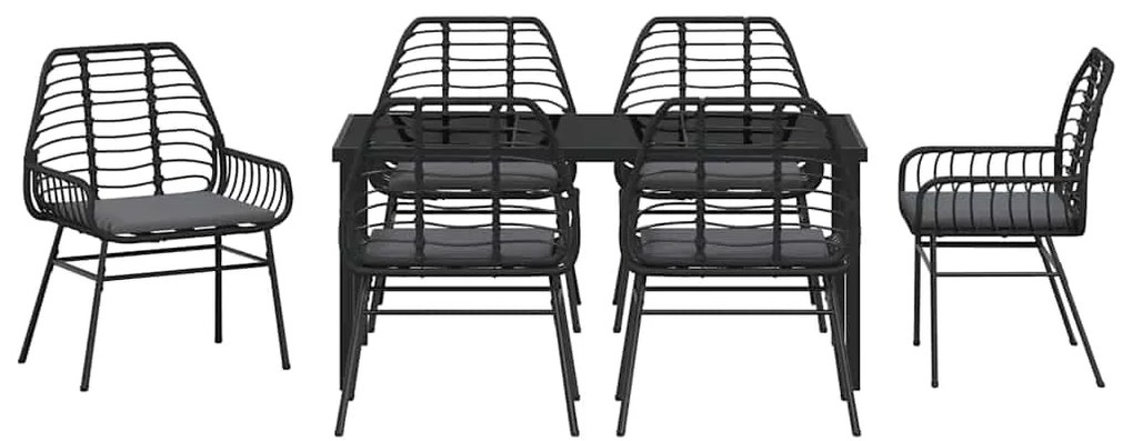 Conjunto de Jantar de Jardim com 7 Peças e Almofadas Preto em Poli Rat