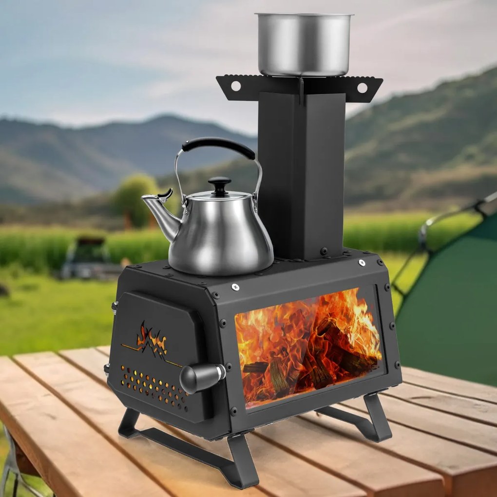 Fogão a lenha portátil com 2 posições de cozedura, pega da porta e janela de vidro resistente ao calor para cozinhar campismo