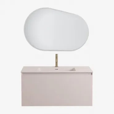 Conjunto De Móveis De Banheiro Em Madeira Macrae Com Pia Integrada Crema Linho & Oval Led E Anti-embaciamento 100x80 Cm Meunier & - Sklum
