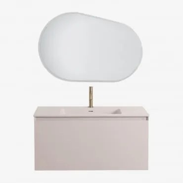 Conjunto De Móvel De Casa De Banho Suspenso Em Madeira Com Lavatório Integrado Macrae Crema Linho & Oval Led E Anti-embaciamento 100x80 Cm Riben & Dou