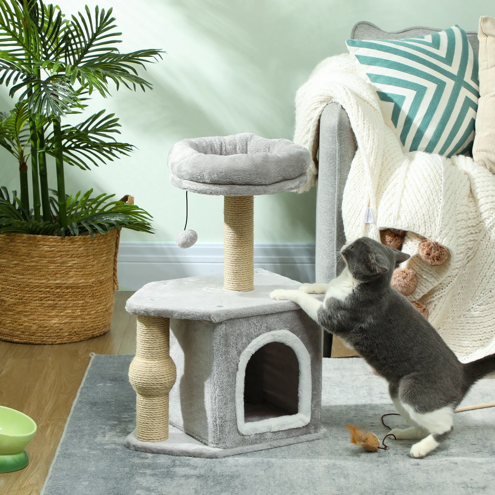 Arranhador para gatos com torre de brinquedos 42 x 30 x 66 cm, com postes para arranhar, cama e casinha para gatos, cinzento claro