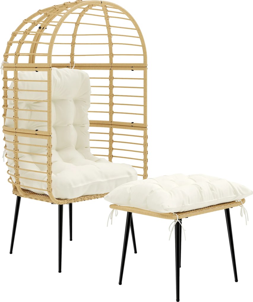 Outsunny Poltrona de jardim com pufe PE-Rattan em formato de ovo Poltrona de vime com almofadas longas &amp; grossas Estrutura metálica Bege | Aosom Portugal
