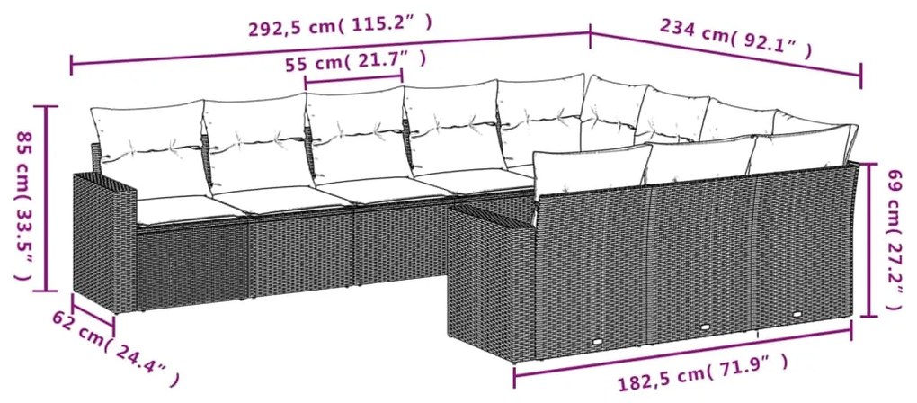 10 pcs conjunto sofás de jardim c/ almofadões vime PE cinzento