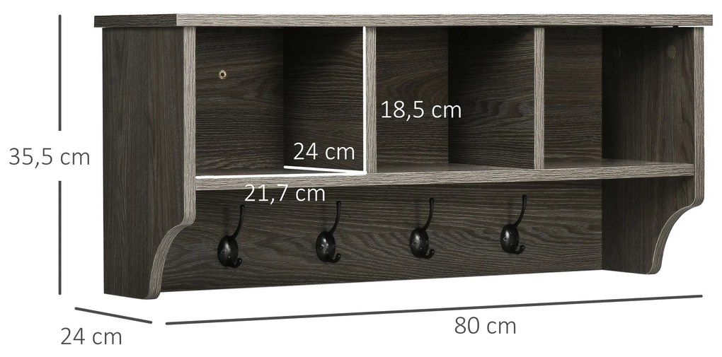 Móvel Cabide de Entrada Prateleira Flutuante com 4 Ganchos e 3 Compartimentos para Roupas Bolsas para Corredor Entrada 80x24x35,5cm Cinza Escuro