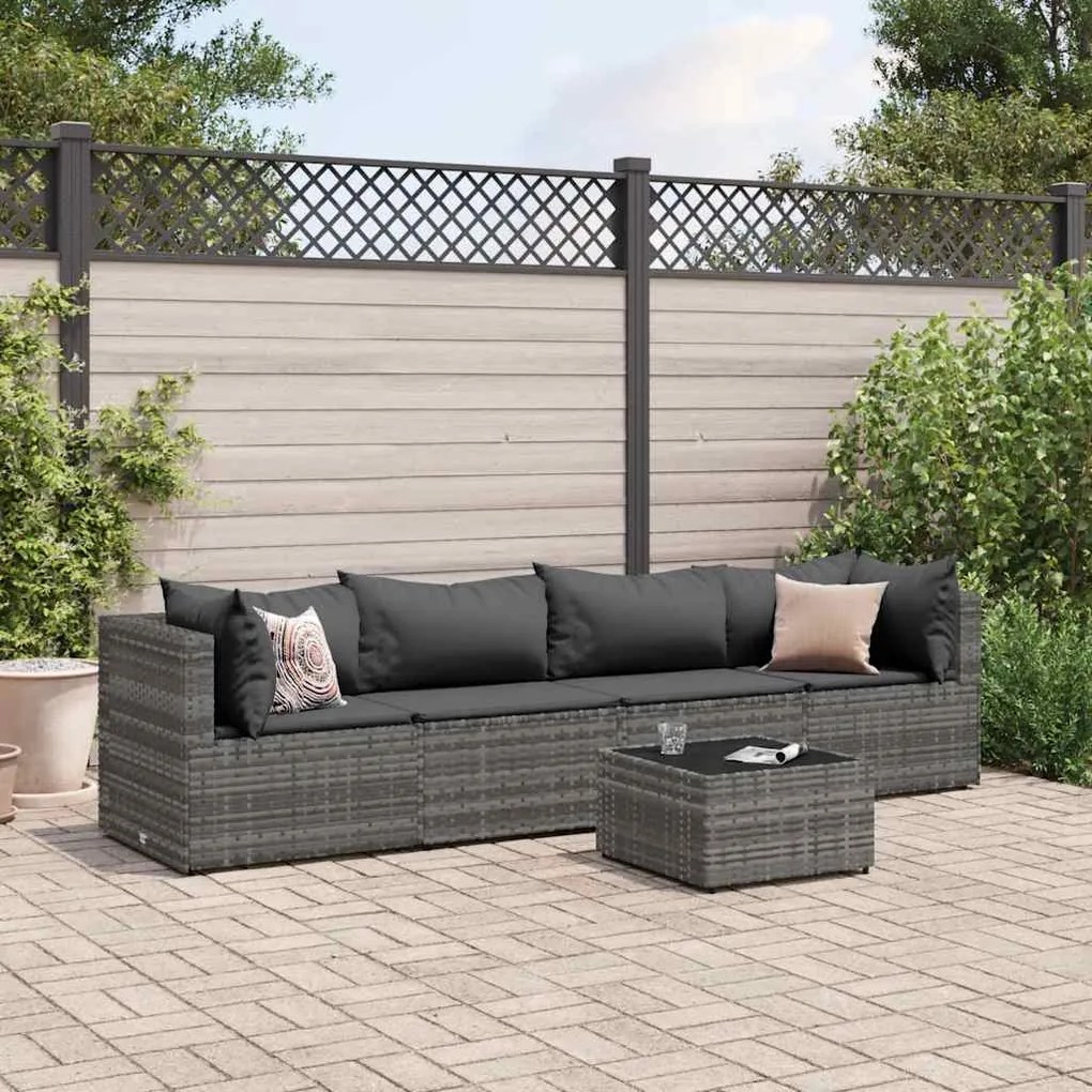 vidaXL 5 pcs conjunto lounge de jardim c/ almofadões vime PE cinzento