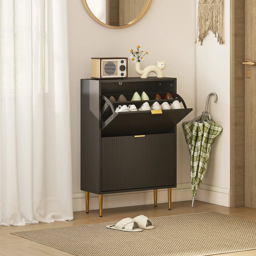 Sapateira 60 x 24 x 91,5 cm com capacidade para 12 pares, com 2 gavetas rebatíveis, portas caneladas e prateleiras ajustáveis, preto