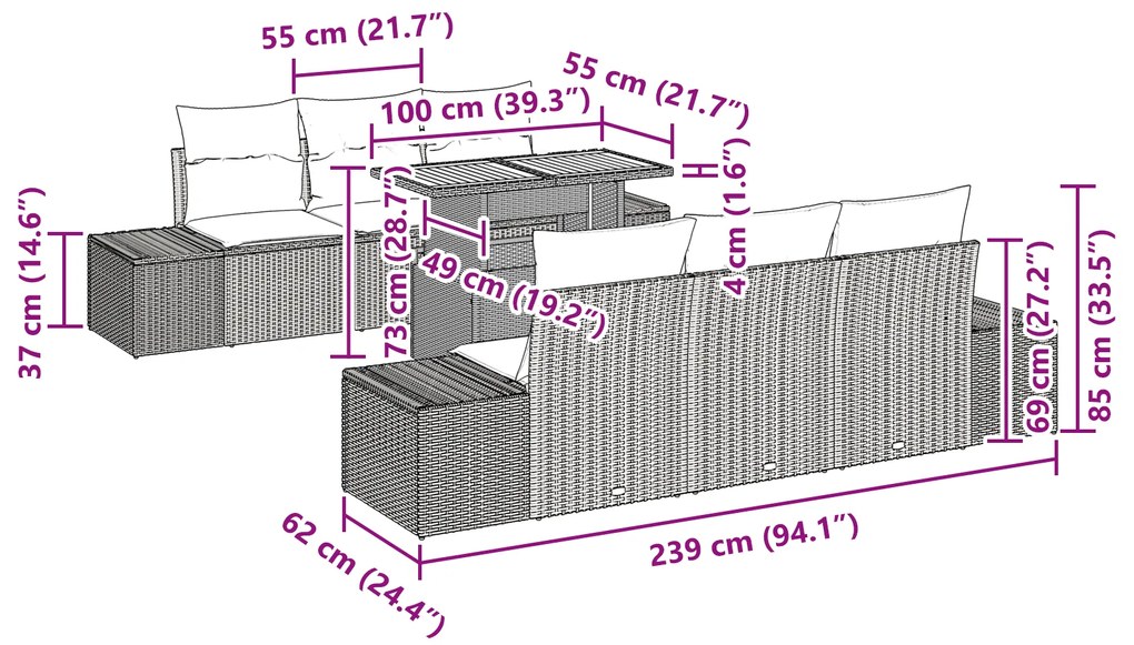 Conjunto de Jantar de Jardim com 8 Peças e Almofadas Bege em Rattan Po