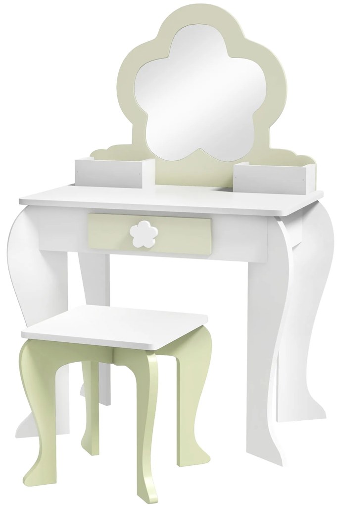 ZONEKIZ Toucador Infantil Branco Verde Pastel Espelho Banco Crianças 3-6 Anos Design Moderno 55x34x87,5 cm | Aosom Portugal