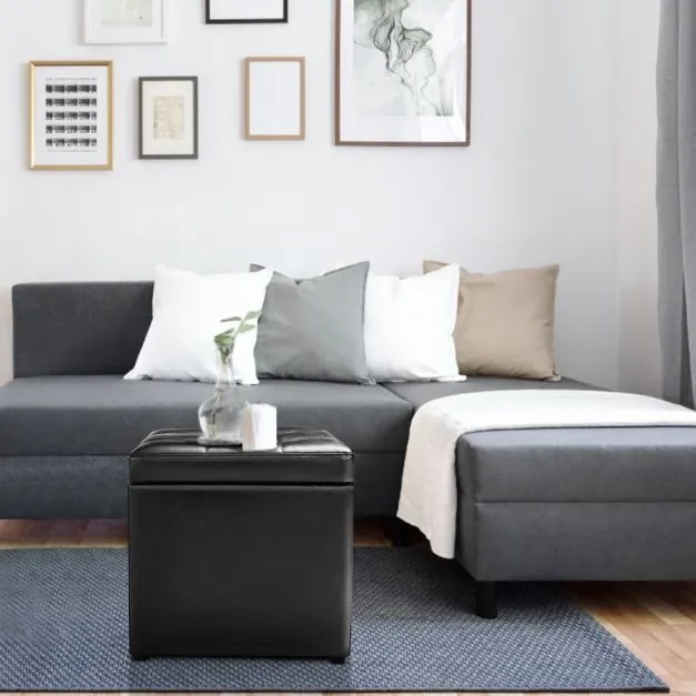 Banco de arrumação pufe com tampa de PU estanque para hall de entrada quarto 40 x 40 x 40 cm preto
