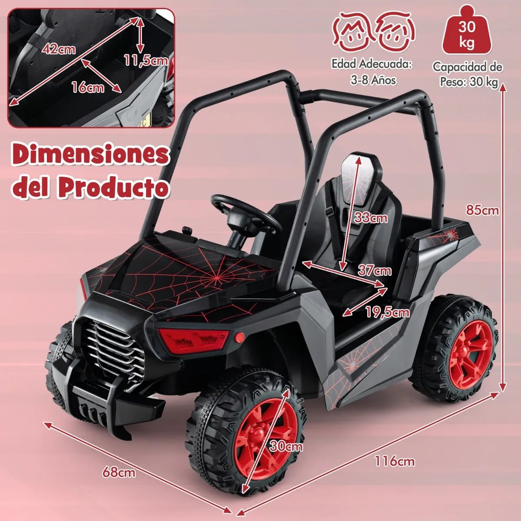 Carro de brincar a bateria de 24V com controlo remoto 3 velocidades 2 suspensões de mola Música de arranque lento Preto
