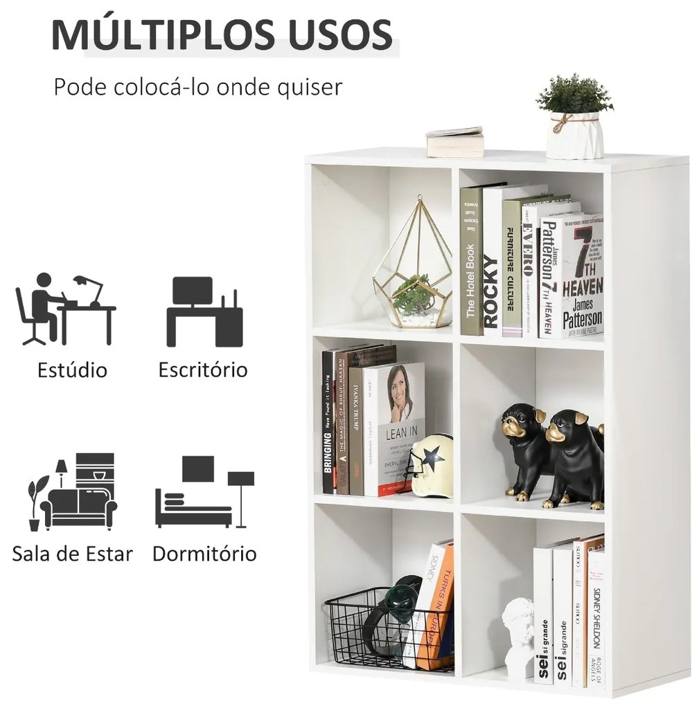 Estante para Livros Estante de Madeira de 3 Níveis com 6 Compartimentos de Armazenamento para Sala de Estar Dormitório Escritório 65,5x30x97,5cm Branc