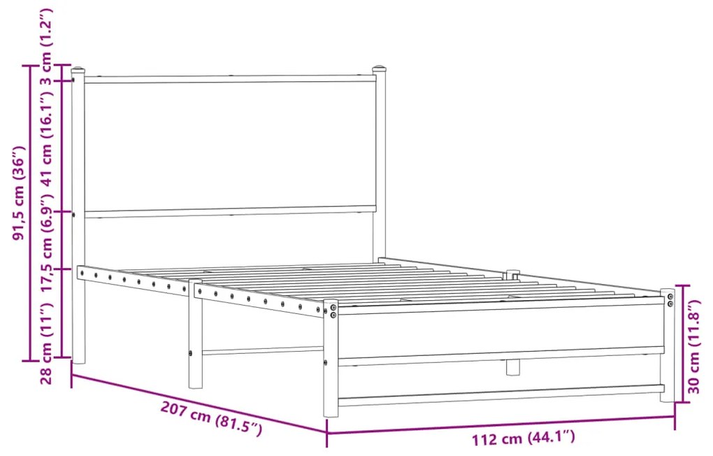 Estrutura de cama sem colchão 107x203 cm metal carvalho fumado