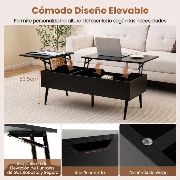 Mesa de centro moderna elevável com 2 compartimentos de armazenamento ocultos 111 x 48 x 40-53,5 cm Preta