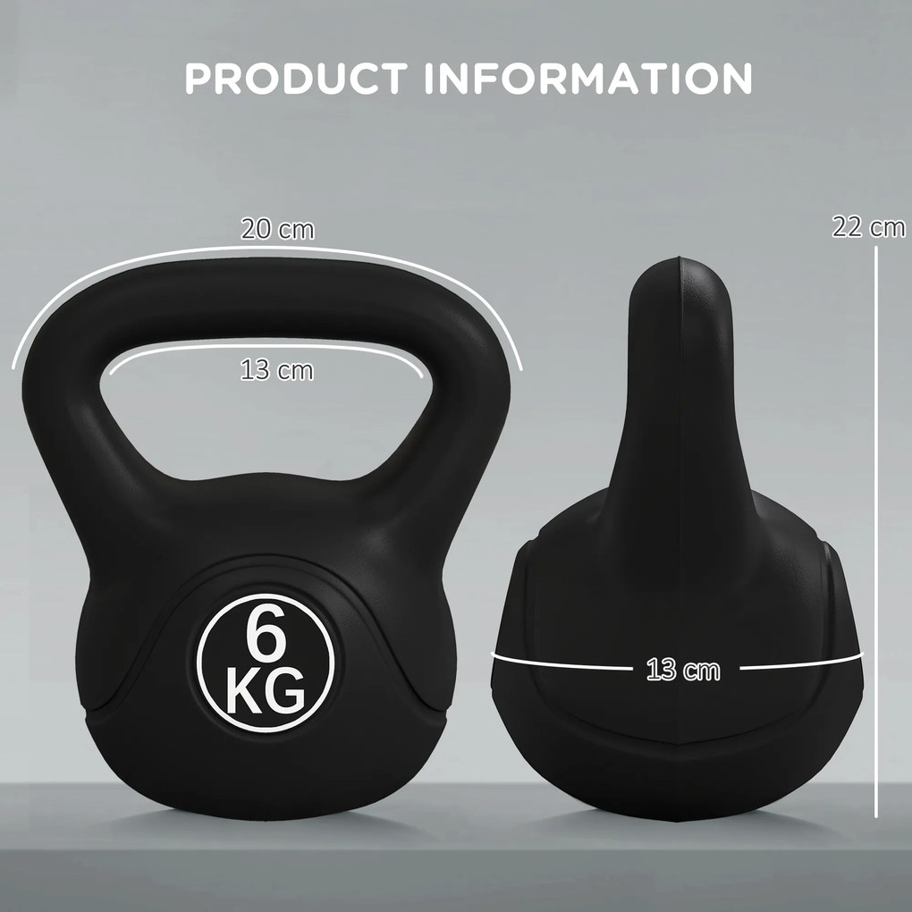 Peso Russo de 6 kg Kettlebell Fitness Preenchido de Areia com Punho Largo Antiderrapante 20x13x22 cm Preto