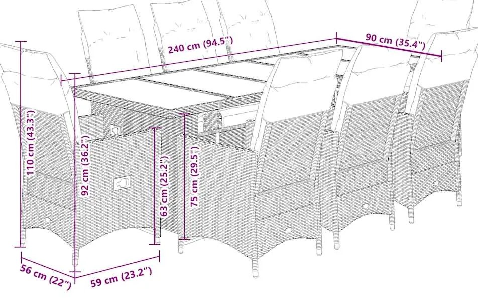 9 pcs conjunto bistrô de jardim c/ almofadões vime PE cinzento