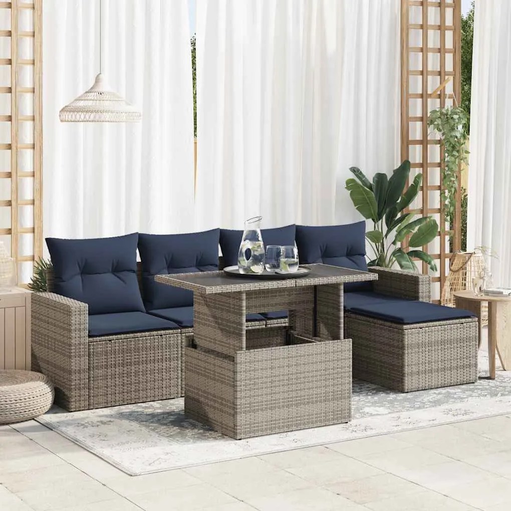 6 pcs conjunto sofás jardim com almofadões PE/acácia cinzento