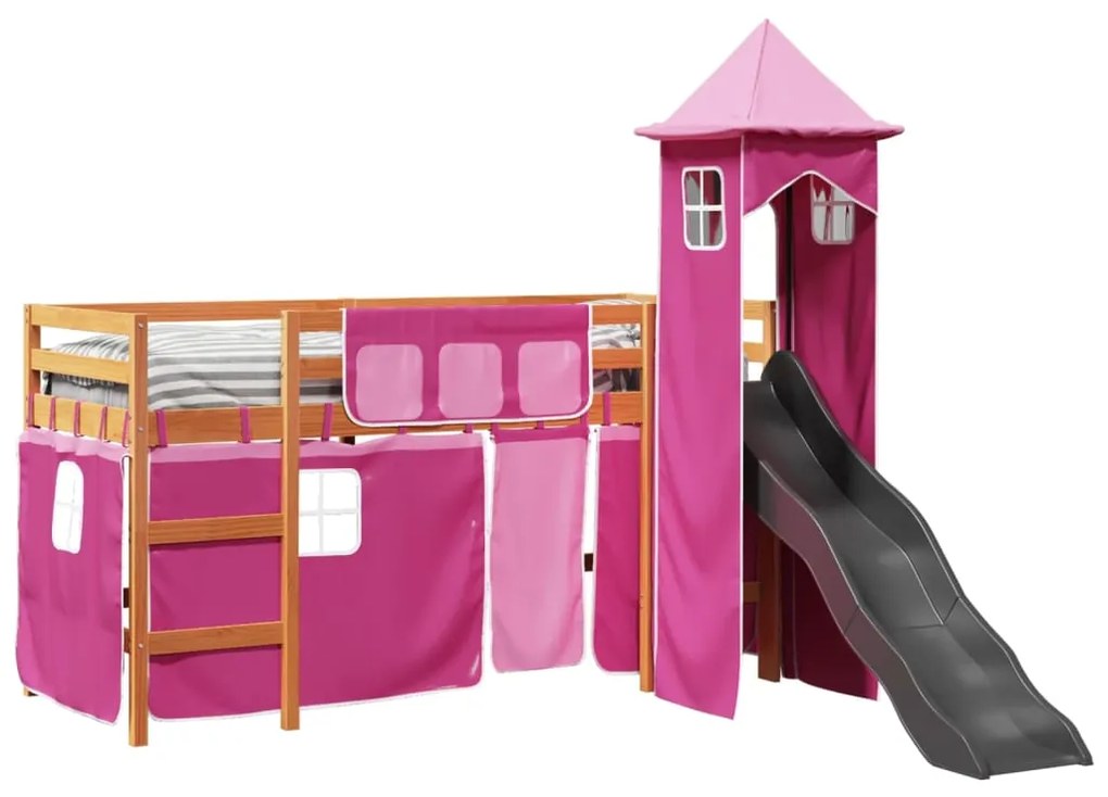 Cama alta para criança com torre 90x190 cm pinho maciço rosa