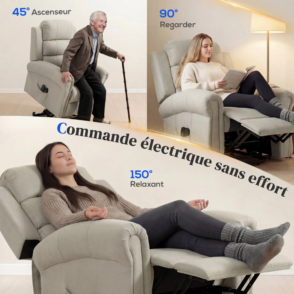 Poltrona elevatória elétrica, poltrona relaxante elétrica com função de massagem e aquecimento, 87 x 87,5 x 108 cm, bege
