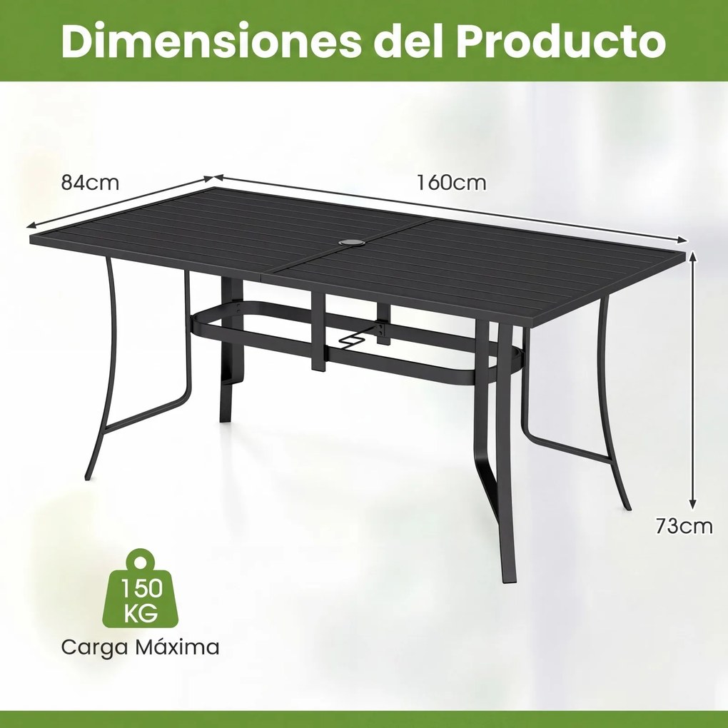 Mesa de jantar de jardim 160 x 84 x 73 cm para 6 pessoas (CADEIRAS NÃO INCLUIDAS), com ripas, orifício para guarda-sol, capacidade de carga de 150 kg,